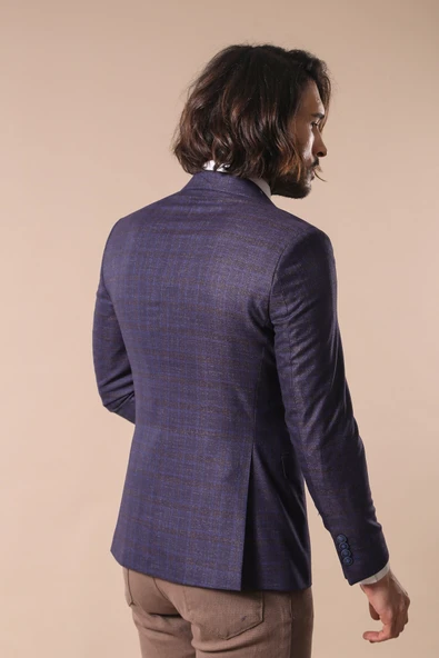 Kruvaze Ekose Desenli Mor Erkek Ceket  - Wessi - Resim 3