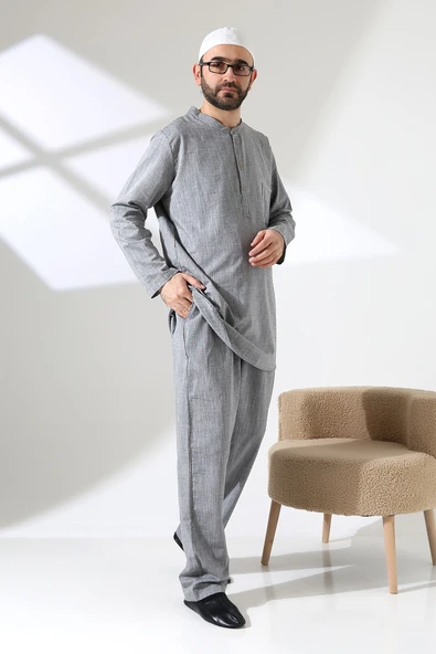 Erkek Tek Cepli Gömlek Pantolon İkili Takım Hac ve Umre Kıyafeti Gri (Vşn) ürün görseli 1