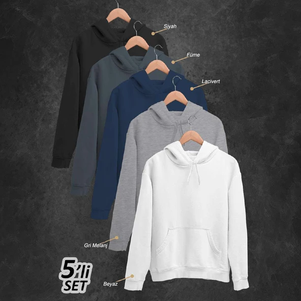 5'li Kışlık Unisex Kapşonlu Sweatshirt Seti (Siyah, Füme, Lacivert, Gri, Beyaz) ürün görseli 1