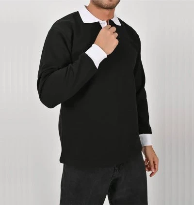 Siyah Çift Renkli Kışlık Polo Yaka Sweatshirt Beyaz Yakalı ürün görseli 1