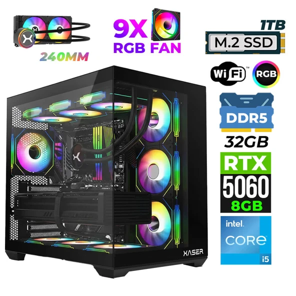 Xaser Pearl X10 i5 14600K 32GB DDR5 Ram 1TB M.2 NVMe SSD 8GB RTX5060 Oyuncu Render Tavsiye Sistem ürün görseli 1