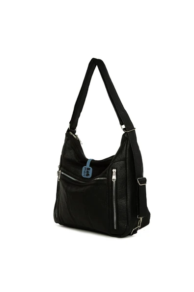 Bagmori Siyah Yedi Gözlü Fermuar Detaylı Askılı ve Sırt Salaş Çanta - Resim 2