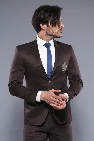 2 Düğmeli 3 Cepli Armalı Pamuk Erkek Kahverengi Ceket - Wessi - Resim 3