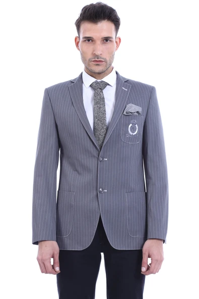 Çizgili Cepli Tek Yırtmaç Armalı Gri Erkek Ceket - Wessi ürün görseli 1