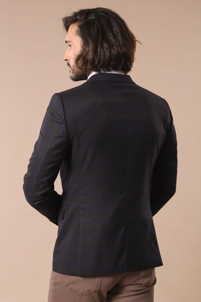 2 Düğmeli Kareli Kahverengi Erkek Ceket - Wessi - Resim 3