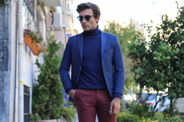 3 Cepli 2 Düğmeli Kapitone Erkek Lacivert Kısa Ceket - Wessi - Resim 5