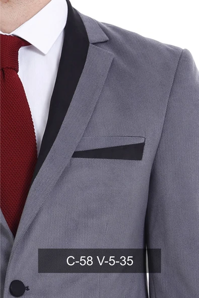 2 Düğmeli Cepli Biyeli Kadife Açık Gri Ceket - Wessi - Resim 4