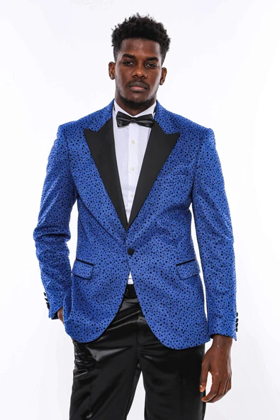 Simli Nokta Desenli Mavi Erkek Smokin Ceket - Wessi - Resim 4