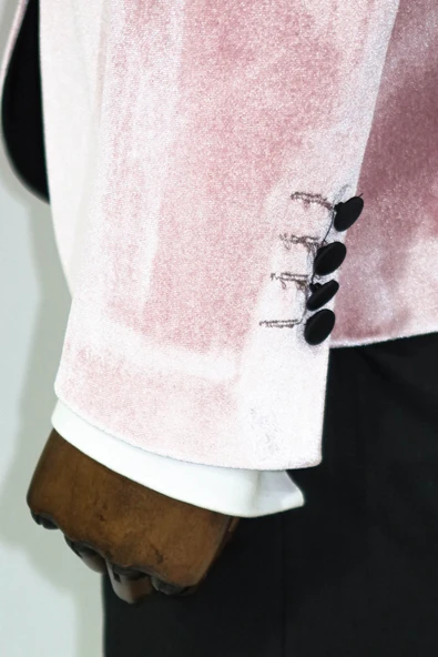 Kadife Slim Fit Tek Düğmeli Pembe Erkek Balo Ceket - Wessi - Resim 3