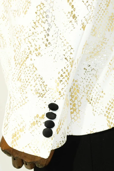 Dik Yaka Slim Fit Altın Desenli Beyaz Balo Ceket - Wessi - Resim 5