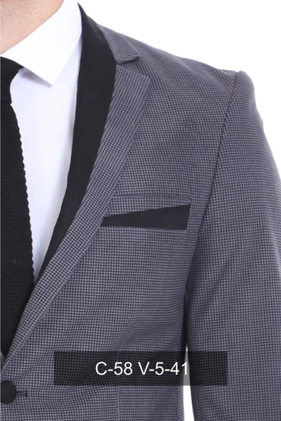 2 Düğmeli Cepli Biyeli Kadife Antrasit Ceket - Wessi - Resim 5