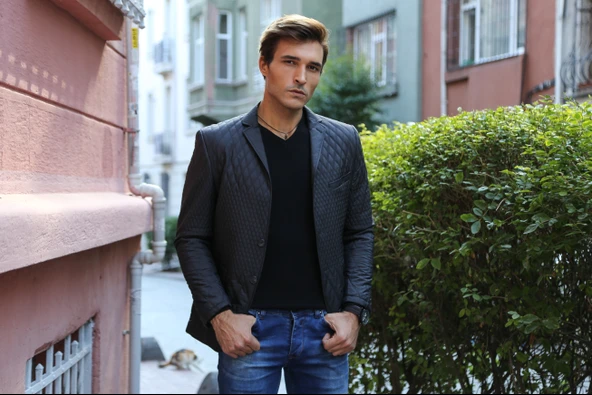 3 Cepli 2 Düğmeli Kapitone Erkek Siyah Kısa Ceket -Wessi - Resim 3