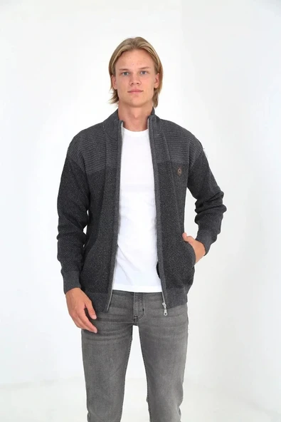 Erkek Fermuarlı Triko Hırka Yüksek Yaka, Cepli, Günlük Şık Rahat Kalıp Triko - Gri ürün görseli 1