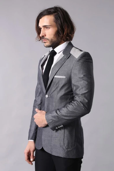 2 Düğmeli Cepli Sivri Yaka Gri Ceket - Wessi ürün görseli 1