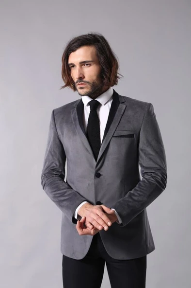 2 Düğmeli Cepli Biyeli Kadife Koyu Gri Ceket - Wessi - Resim 5