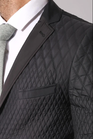 3 Cepli 2 Düğmeli Kapitone Erkek Siyah Kısa Ceket -Wessi - Resim 2