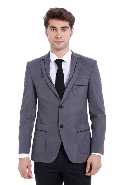 2 Düğmeli Cepli Kadife Erkek Gri Ceket-Wessi ürün görseli 1