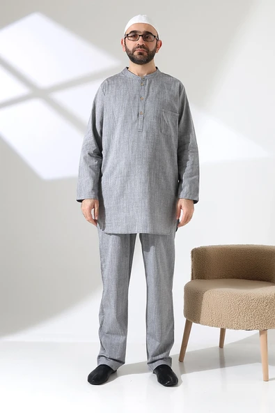 Erkek Tek Cepli Gömlek Pantolon İkili Takım Hac ve Umre Kıyafeti Gri (Vşn) - Resim 5