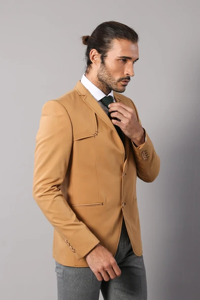 Çift Düğmeli Omuz Parçalı Mono Yaka  Sarı Ceket - Wessi - Resim 4