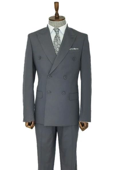 Geniş Sivri Yakalı Çizgili Desenli Slim Fit Gri Erkek Kruvaze Takım Elbise - Wessi - Resim 3