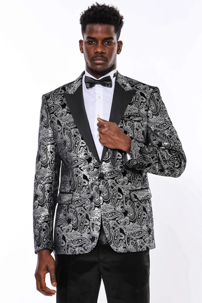 Gold Patterned Over Grey Men Prom Blazer - Wessi - Resim 3