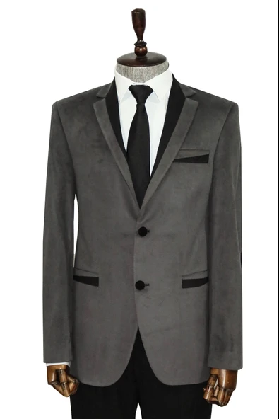 2 Düğmeli Cepli Biyeli Kadife Koyu Gri Ceket - Wessi ürün görseli 1