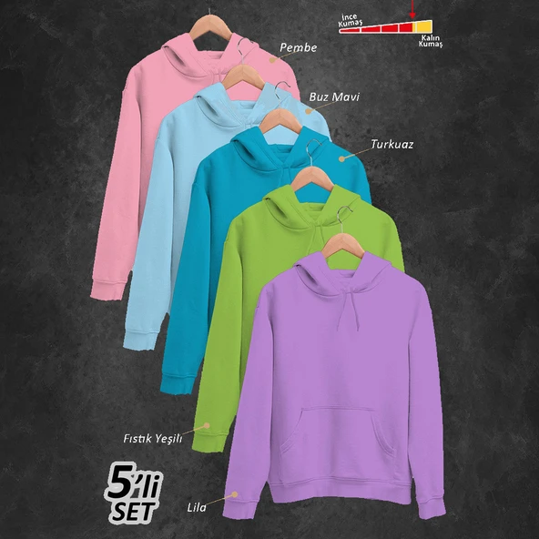 5'li Kışlık Unisex Kapşonlu Sweatshirt Seti (Pembe, Mavi, Turkuaz, Fıstık Yeşili, Lila) ürün görseli 1