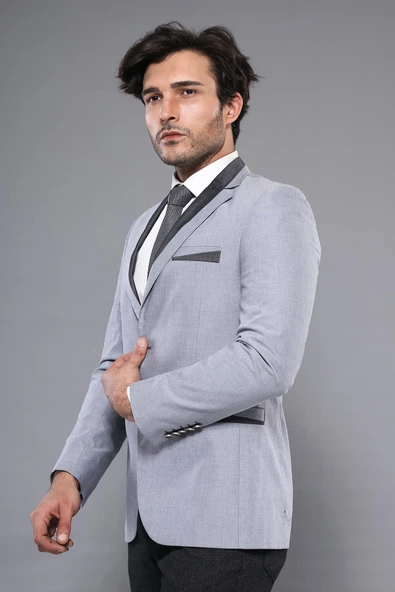 3 Cepli 2 Düğmeli Çapraz Biyeli Koyu Gri Ceket-Wessi - Resim 3