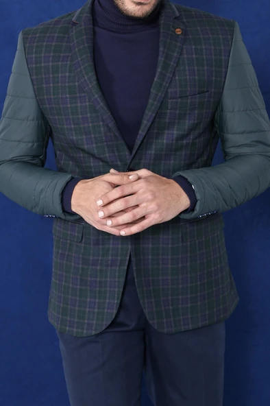 2 Düğmeli Kolları Kapitone Ekose Erkek Yeşil Ceket -Wessi ürün görseli 1