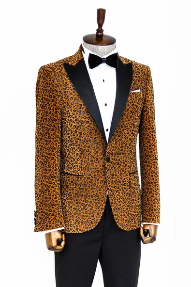 Leopar Desenli Slim Fit Dik Yaka Sarı Erkek Balo Ceket - Wessi - Resim 4