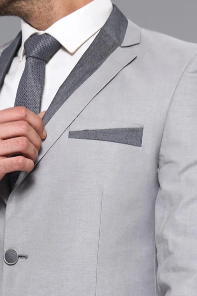 3 Cepli 2 Düğmeli Çapraz Biyeli Gri Ceket-Wessi - Resim 2