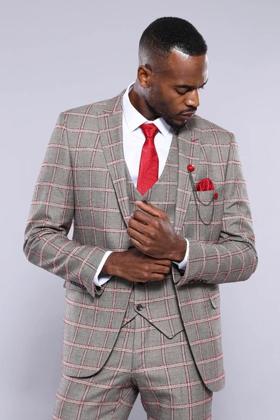 Ekose Desenli Slim Fit Gri Erkek Ceket - Wessi - Resim 5