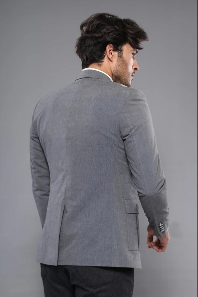 Çift Düğmeli Cepli Sivri Yaka Gri Erkek Ceket - Wessi - Resim 4
