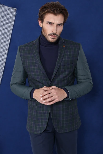 2 Düğmeli Kolları Kapitone Ekose Erkek Yeşil Ceket -Wessi - Resim 2