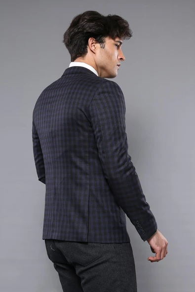 2 Düğmeli Kareli Lacivert Erkek Ceket - Wessi - Resim 5
