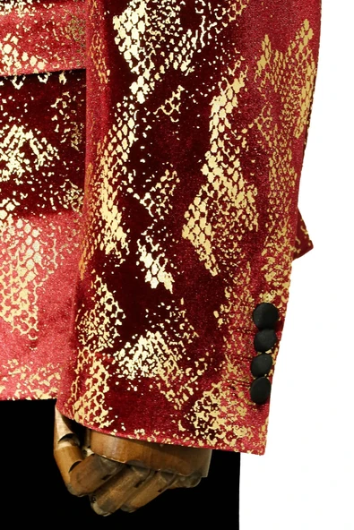 Dik Yaka Slim Fit Altın Desenli Bordo Balo Ceket - Wessi - Resim 3