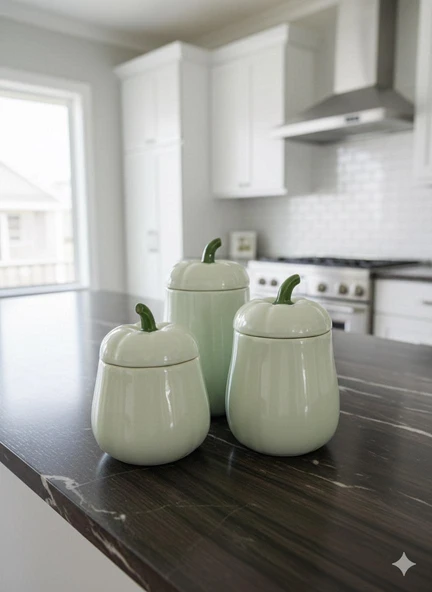 YEŞİL 3'LÜ KAPAKLI BAL KABAK KAVANOZ SETİ PUMPKIN SERİSİ SERAMİK 500, 750 ve 1000 ML - Resim 4