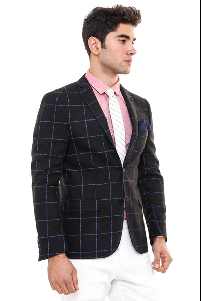 2 Düğmeli Ekose Yün Kahverengi Ceket - Wessi - Resim 3