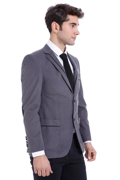 2 Düğmeli Cepli Kadife Erkek Gri Ceket-Wessi - Resim 2