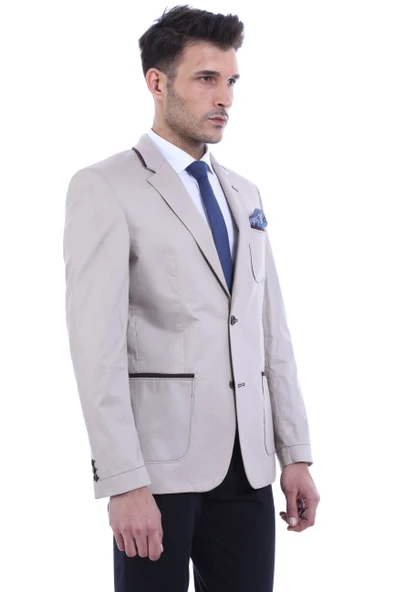 Çift Düğmeli Cepli Erkek Krem Ceket- Wessi - Resim 3