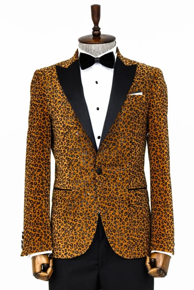 Leopar Desenli Slim Fit Dik Yaka Sarı Erkek Balo Ceket - Wessi ürün görseli 1