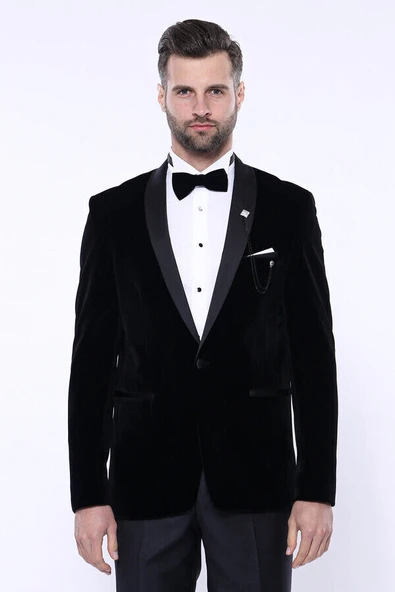 Düz Siyah Velvet Ceket | Wessi - Resim 7