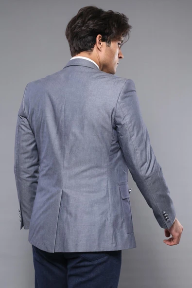 Çift Düğmeli Cepli Sivri Yaka Koyu Mavi Erkek Ceket - Wessi - Resim 4