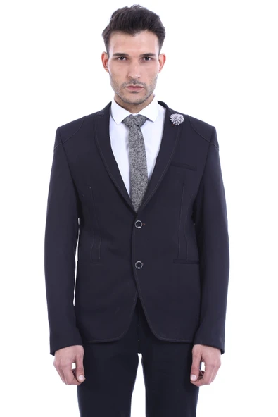 2 Düğmeli Omuzları Nakışlı Pamuk Erkek Siyah Ceket -Wessi - Resim 2