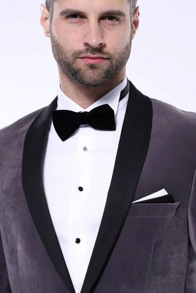 Düz Kadife Tek Düğmeli Koyu Gri Erkek Ceket | Wessi - Resim 2