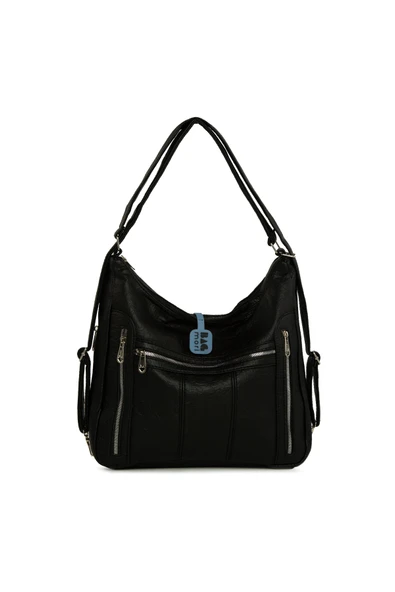 Bagmori Siyah Yedi Gözlü Fermuar Detaylı Askılı ve Sırt Salaş Çanta - Resim 4