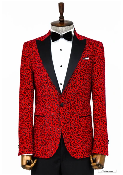 Leopar Desenli Slim Fit Dik Yaka Bordo Erkek Balo Ceketi - Wessi ürün görseli 1