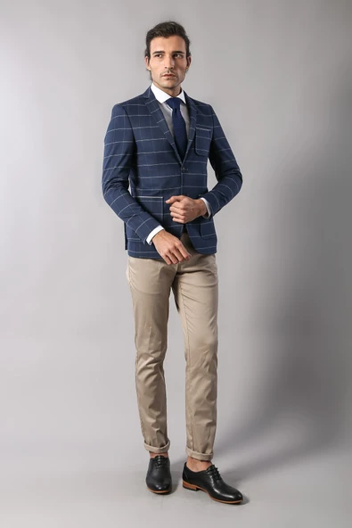 2 Düğmeli Ekose Slim Fit Lacivert Ceket | Wessi - Resim 3