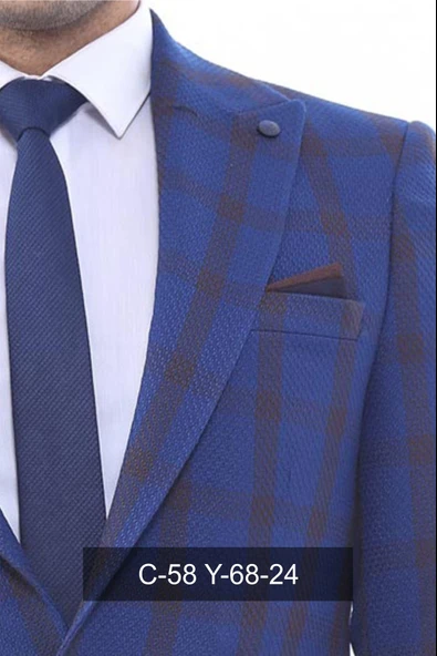 Kruvaze Ceket Sivri Uçlu Ekose Mavi Erkek Ceket -Wessi - Resim 4