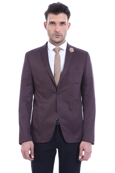 Çift Düğmeli Mono Yaka Cepli Kahverengi Erkek Ceket - Wessi ürün görseli 1